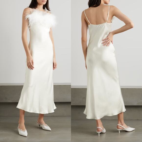 Sleeper | NWT White Boheme Feather Maxi Slip Dress S - Picture 1 of 15